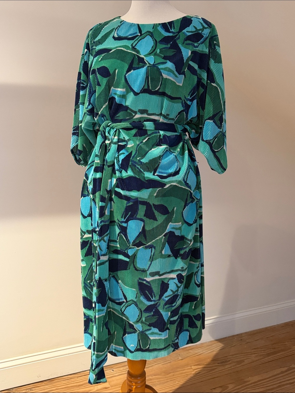 London Times Green and Blue Abstract Belted Midi Dress